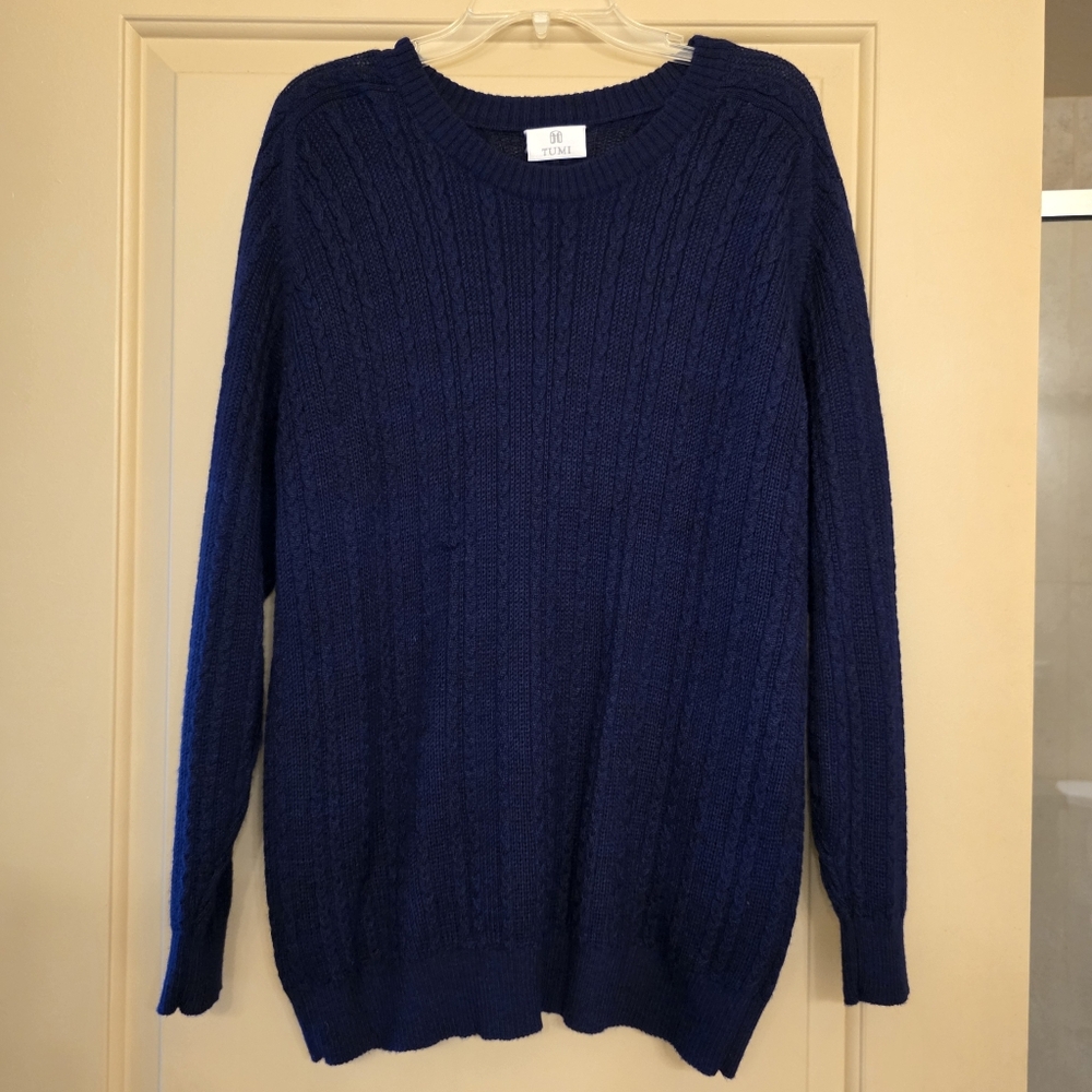 Tumi 100% Alpaca Sweater Men's Medium Navy blue long sleeve cable knit crewneck